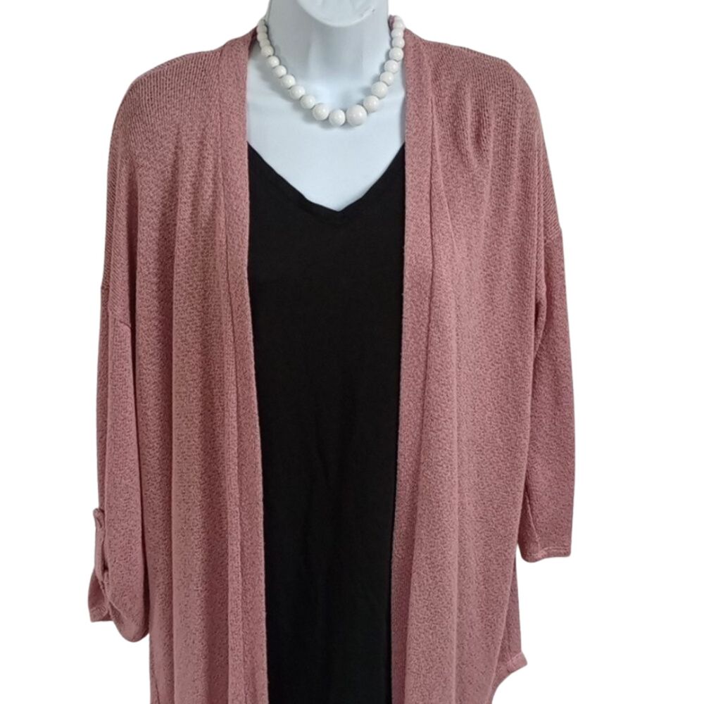 Women's Large Pink Rose Loose Fitted Open Front Knitted Cardigan Roll Up Sleeves